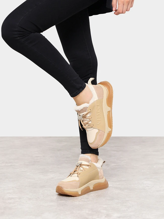 Кроссовки женские зимние, цвет бежевый, натуральная кожа/натуральный спилок 93VC004M | 9