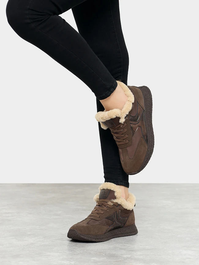 Кроссовки женские зимние, цвет коричневый, натуральный нубук/текстиль 24VC106M | 9