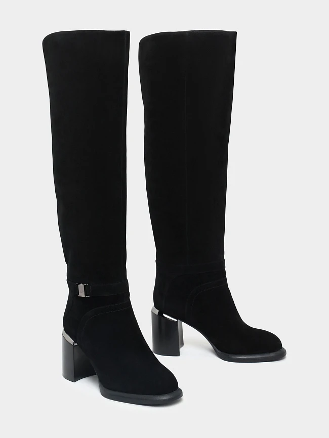 Ботфорты женские зимние, цвет черный, натуральный велюр 1820403M | 2