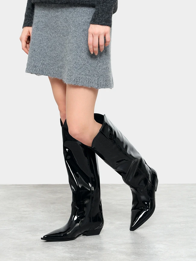 Сапоги женские демисезонные, цвет черный, искусственная лаковая кожа 6550378 | 7