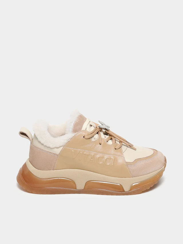 Кроссовки женские зимние, цвет бежевый, натуральная кожа/натуральный спилок 93VC004M | 1