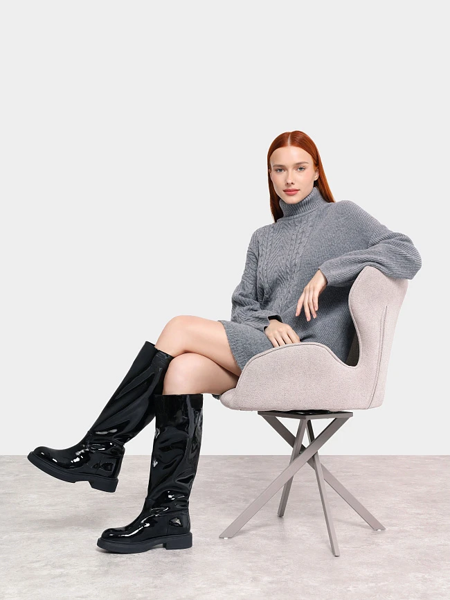 Сапоги женские демисезонные, цвет черный, натуральная лаковая кожа 1730213P | 12