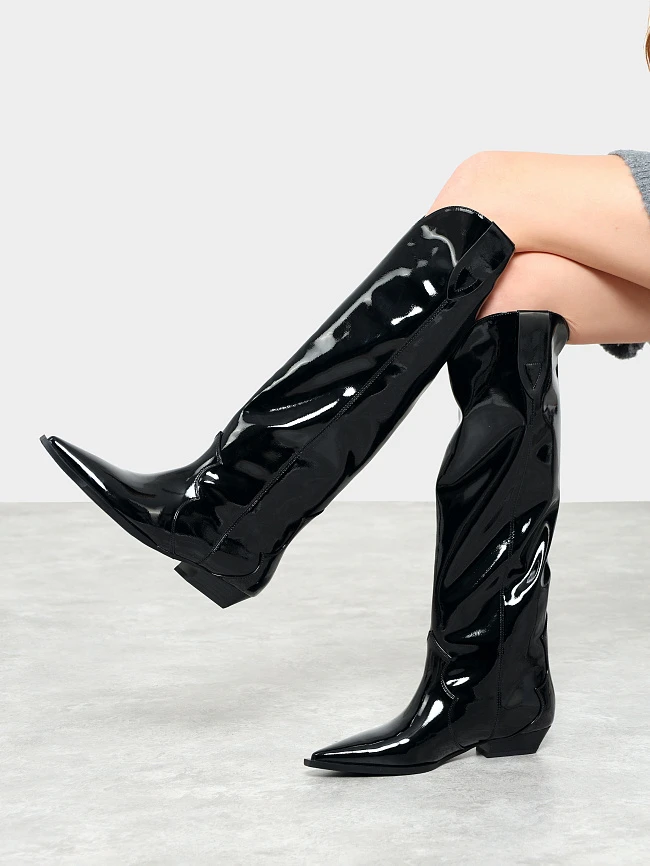 Сапоги женские демисезонные, цвет черный, искусственная лаковая кожа 6550378 | 10