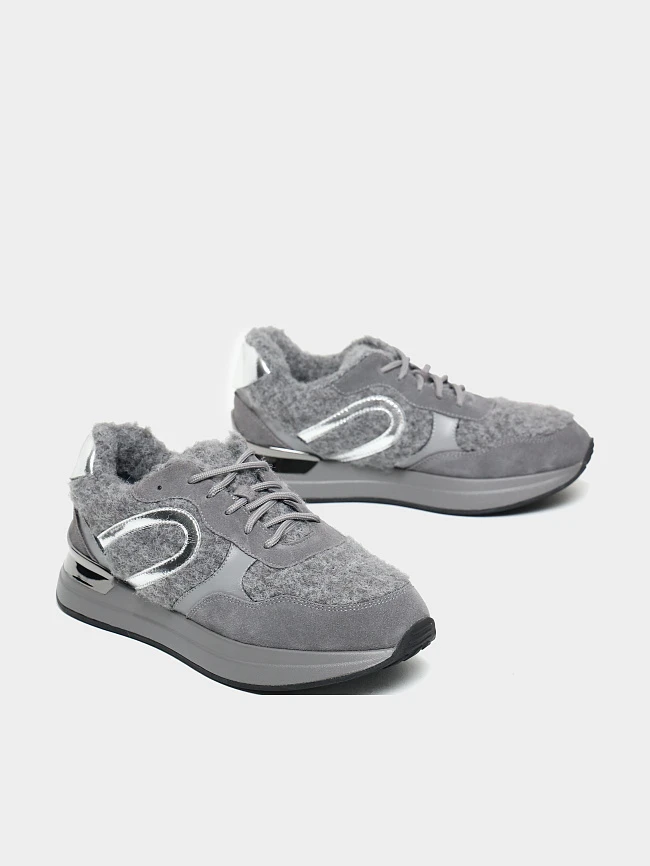 Кроссовки женские зимние, цвет серый, натуральный спилок/шерсть 18410107M | 3