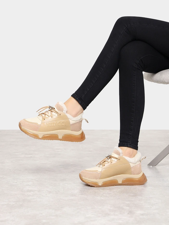 Кроссовки женские зимние, цвет бежевый, натуральная кожа/натуральный спилок 93VC004M | 12