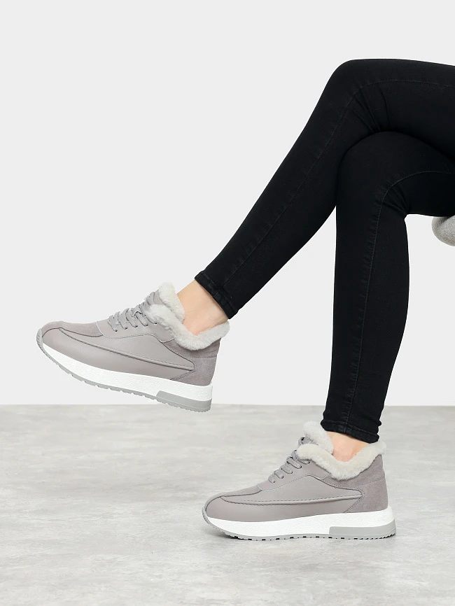 Кроссовки женские зимние, цвет серый, натуральная кожа и полимерные материалы/натуральный спилок 24VC117M | 12