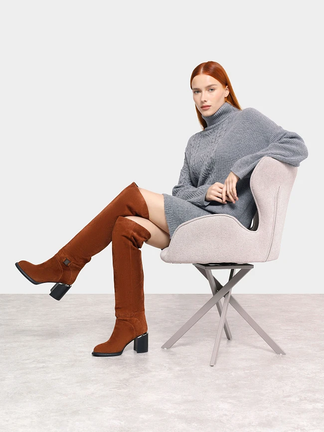 Ботфорты женские зимние, цвет рыжий, натуральный велюр 1820404M | 11