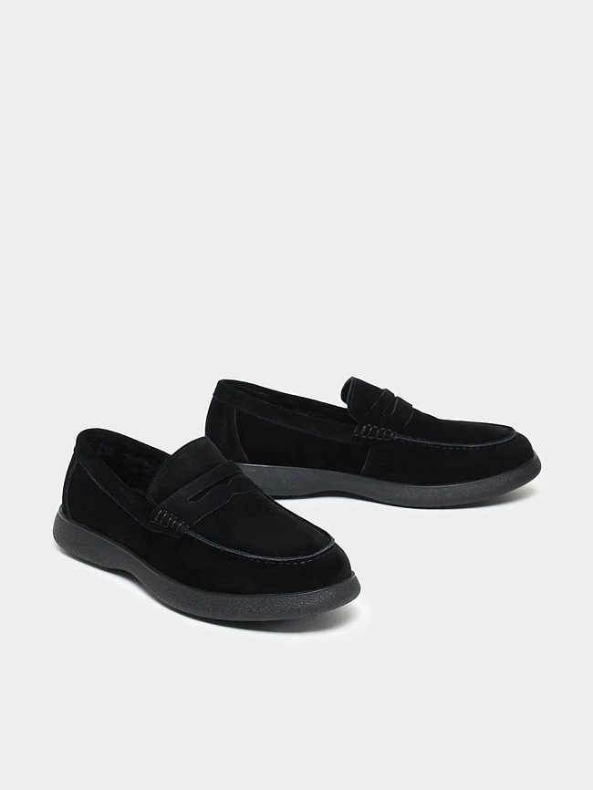 Лоферы мужские зимние, цвет черный, натуральный спилок M801012M | 3