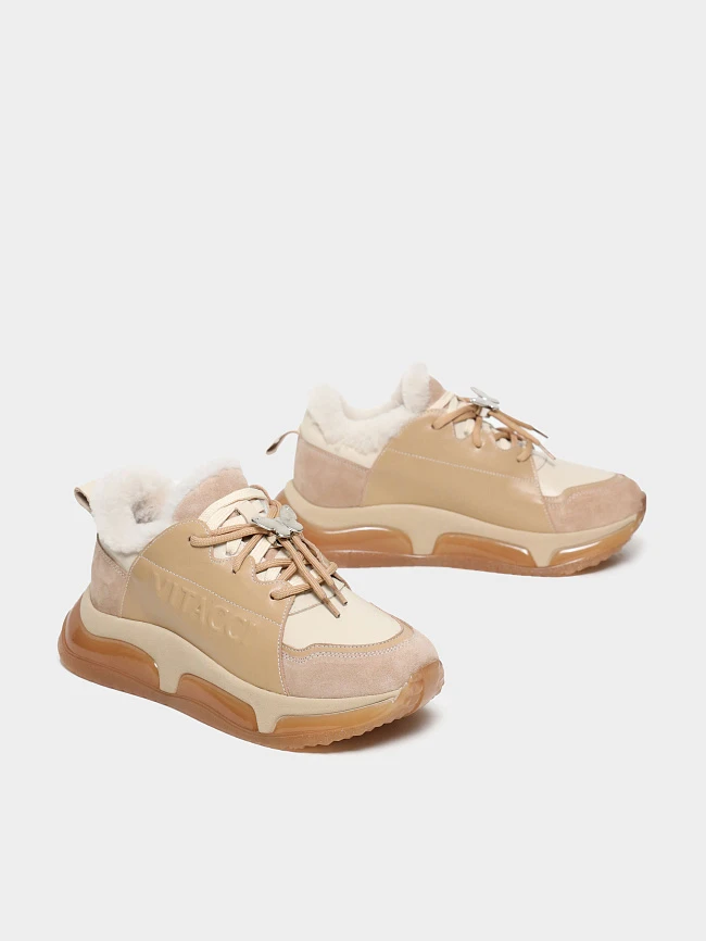 Кроссовки женские зимние, цвет бежевый, натуральная кожа/натуральный спилок 93VC004M | 3