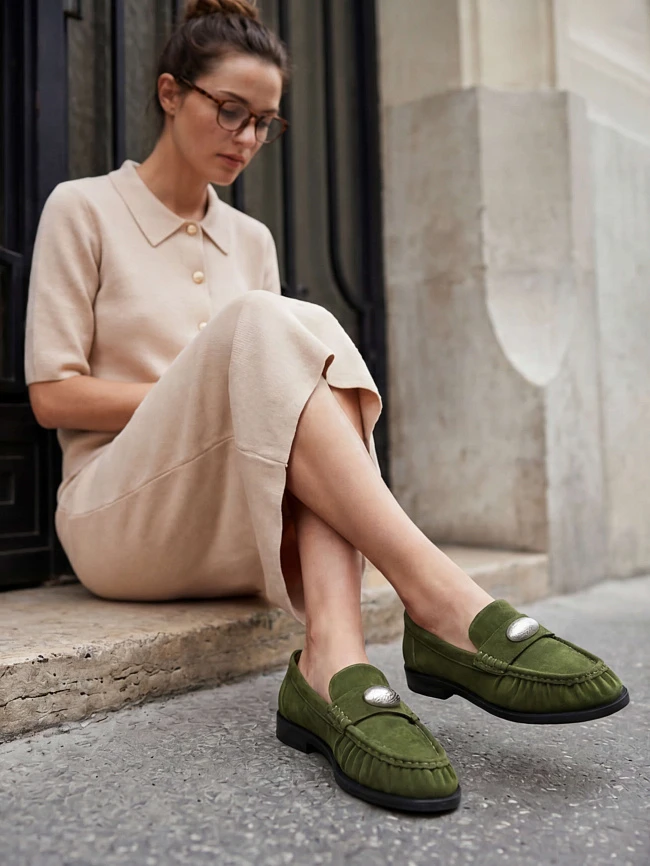 Лоферы женские всесезонные, цвет хаки, натуральный велюр 7210540 | 3