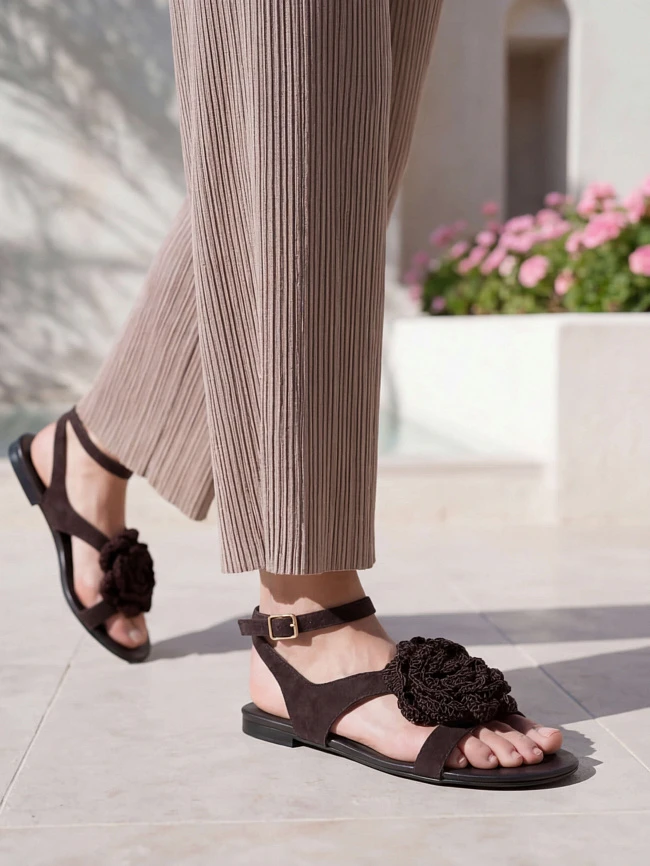 Сандалии женские летние, цвет коричневый, натуральный велюр/текстиль 944398 | 1