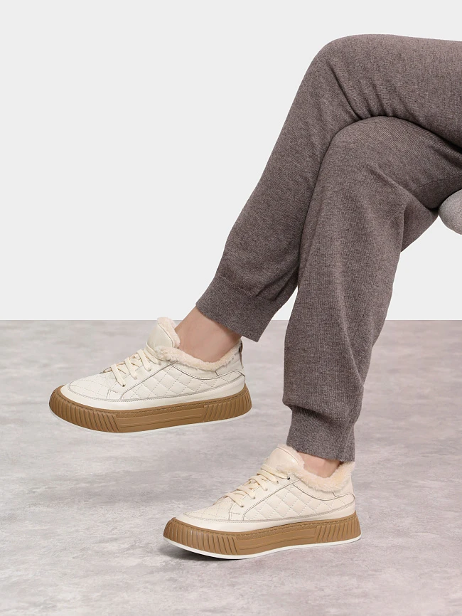 Кеды женские зимние, цвет бежевый, натуральная кожа 136876M | 11