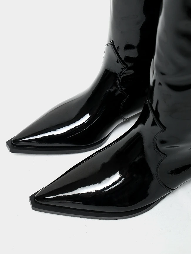 Сапоги женские демисезонные, цвет черный, искусственная лаковая кожа 6550378 | 6