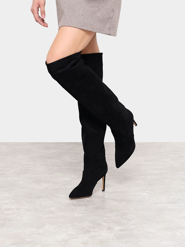 Ботфорты женские демисезонные, цвет черный, натуральный велюр 495553P-1 | 9