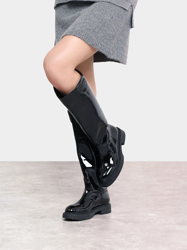 Сапоги женские демисезонные, цвет черный, натуральная лаковая кожа 1730213P | 10