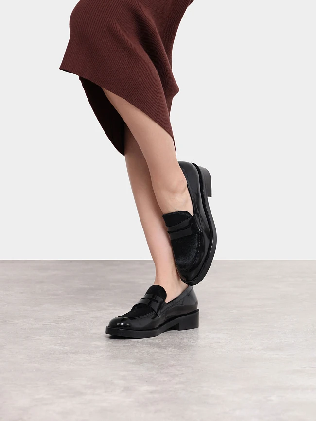 Лоферы женские всесезонные, цвет черный, натуральная кожа/натуральный мех (пони) 1820973 | 9