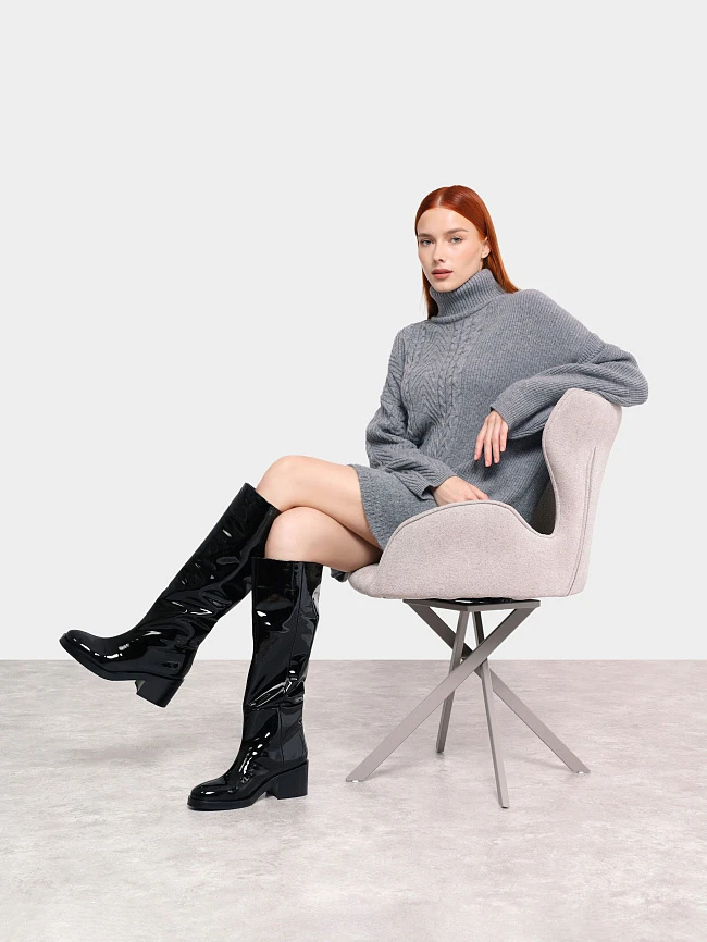 Сапоги женские демисезонные, цвет черный, натуральная лаковая кожа 1730857 | 12