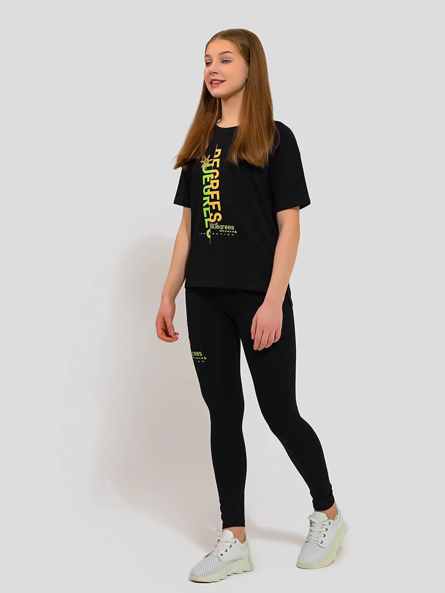 TO75064-01 Комплект спортивный (футболка+лосины) для девочек черный+94% хлопок, 6% полиэстер