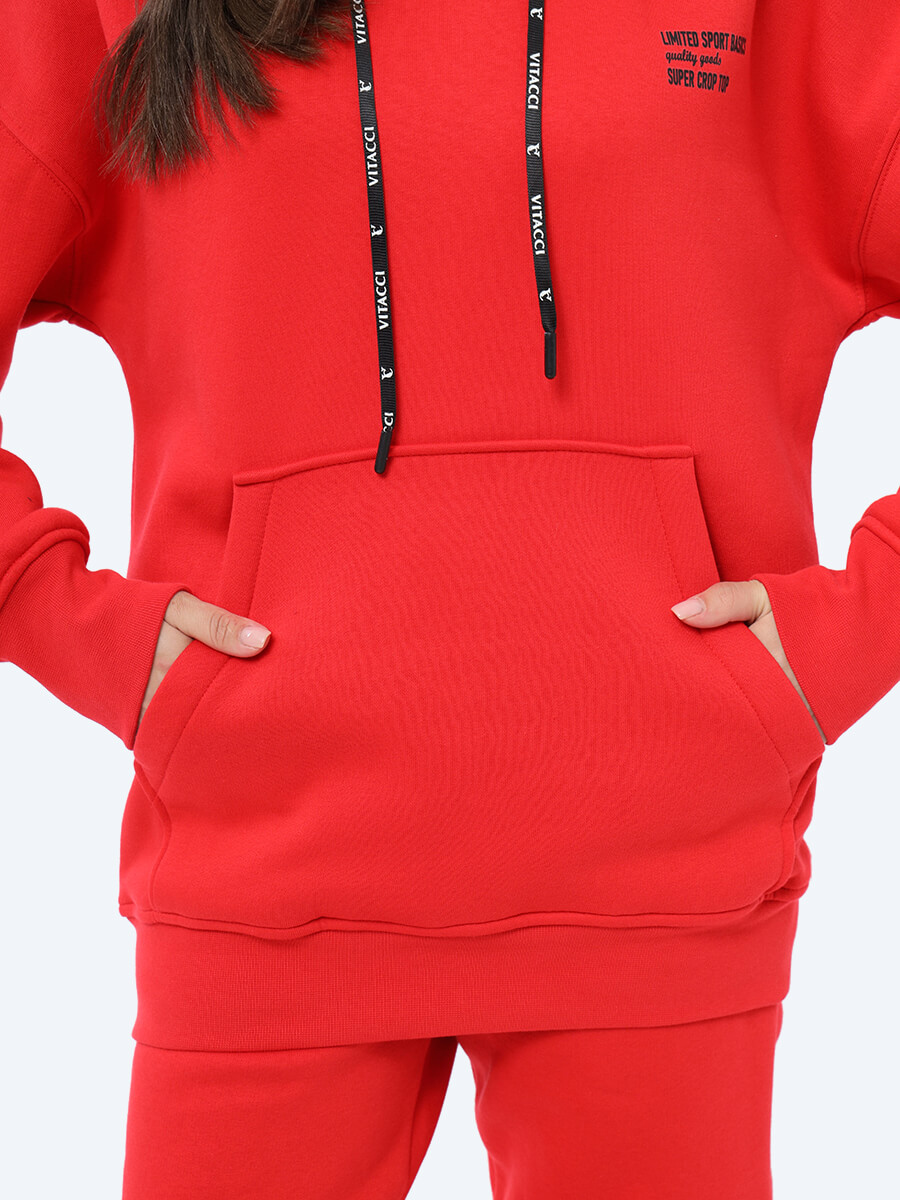 EF8516-03 Комплект (джемпер с капюшоном+брюки) женский красный+70% хлопок, 30% полиэстер
