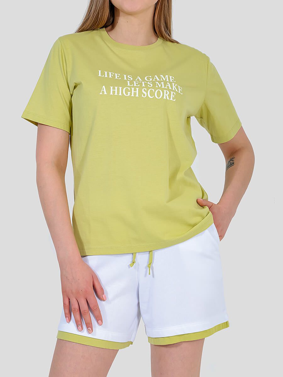 TEset01-19 Костюм спортивный (футболка+шорты) женский салатовый+100% хлопок/80% хлопок,20% полиэстер