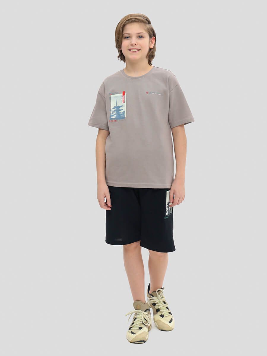 TO10926-08 Комплект спортивный (футболка+шорты) для мальчиков бежевый+80% хлопок, 20% полиэстер