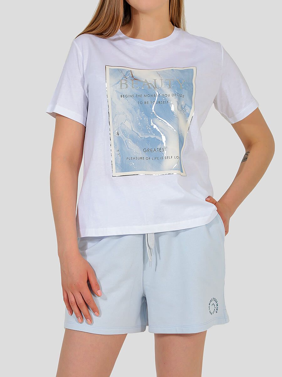 TEset03-10 Костюм спортивный (футболка+шорты) женский голубой+100% хлопок/80% хлопок,20% полиэстер