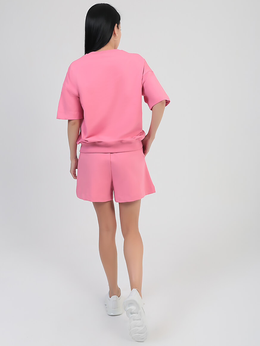 SP0422-14 Костюм спортивный (футболка+шорты) женский розовый+95% хлопок, 5% эластан