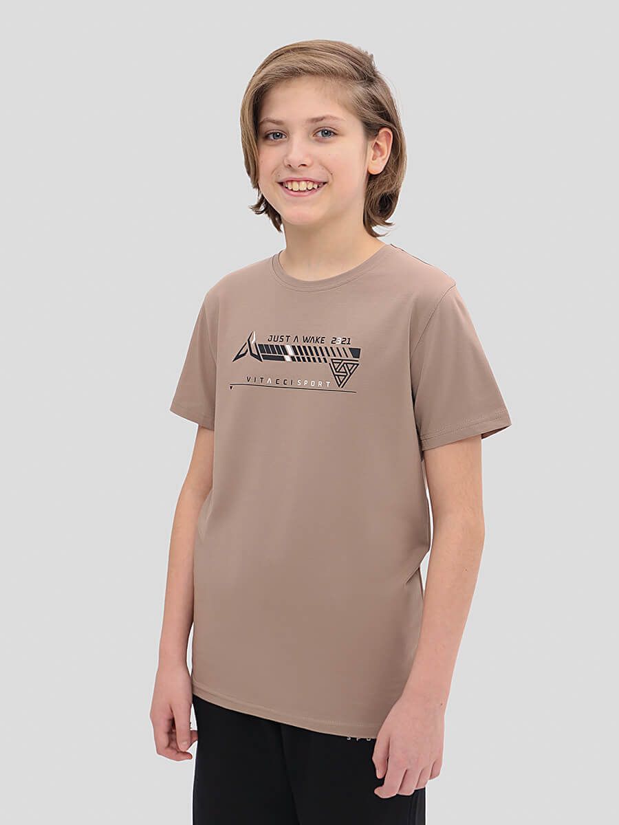 TO10944-08 Комплект спортивный (футболка+шорты) для мальчиков бежевый+94% х/б, 6% эластан