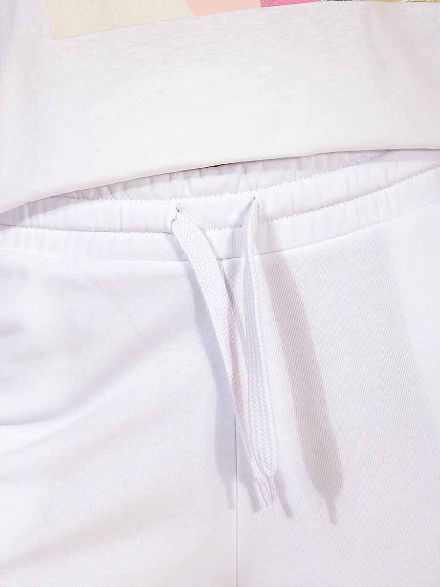 TEset05-02 Костюм спортивный (футболка+шорты) женский белый+100% хлопок/80% хлопок,20% полиэстер