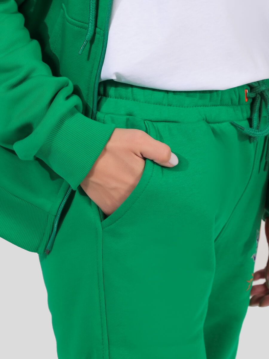 DS6442-06 Костюм спортивный (джемпер с капюшоном+брюки) для девочек зеленый+88% хлопок,12% полиэстер