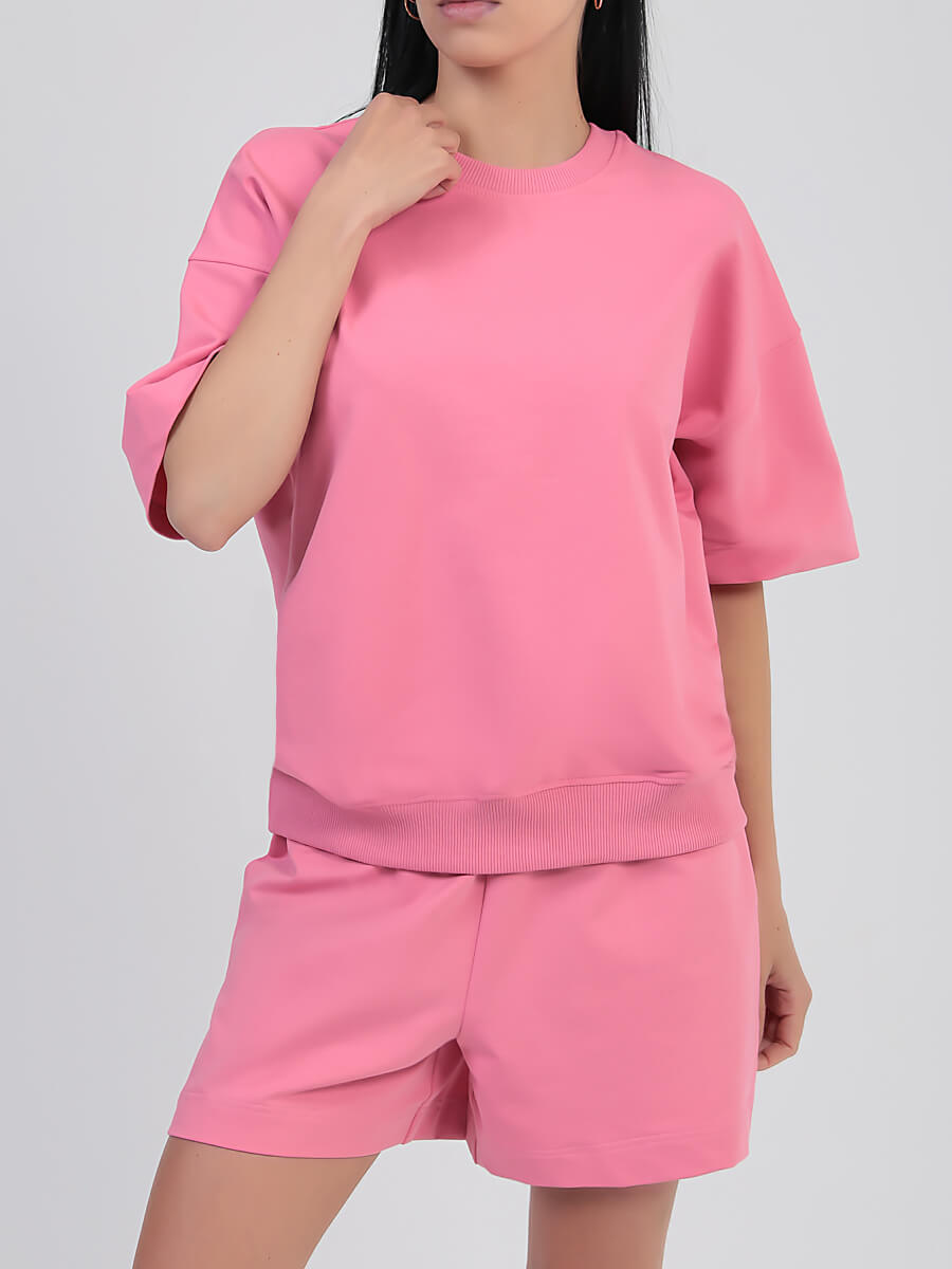 SP0422-14 Костюм спортивный (футболка+шорты) женский розовый+95% хлопок, 5% эластан