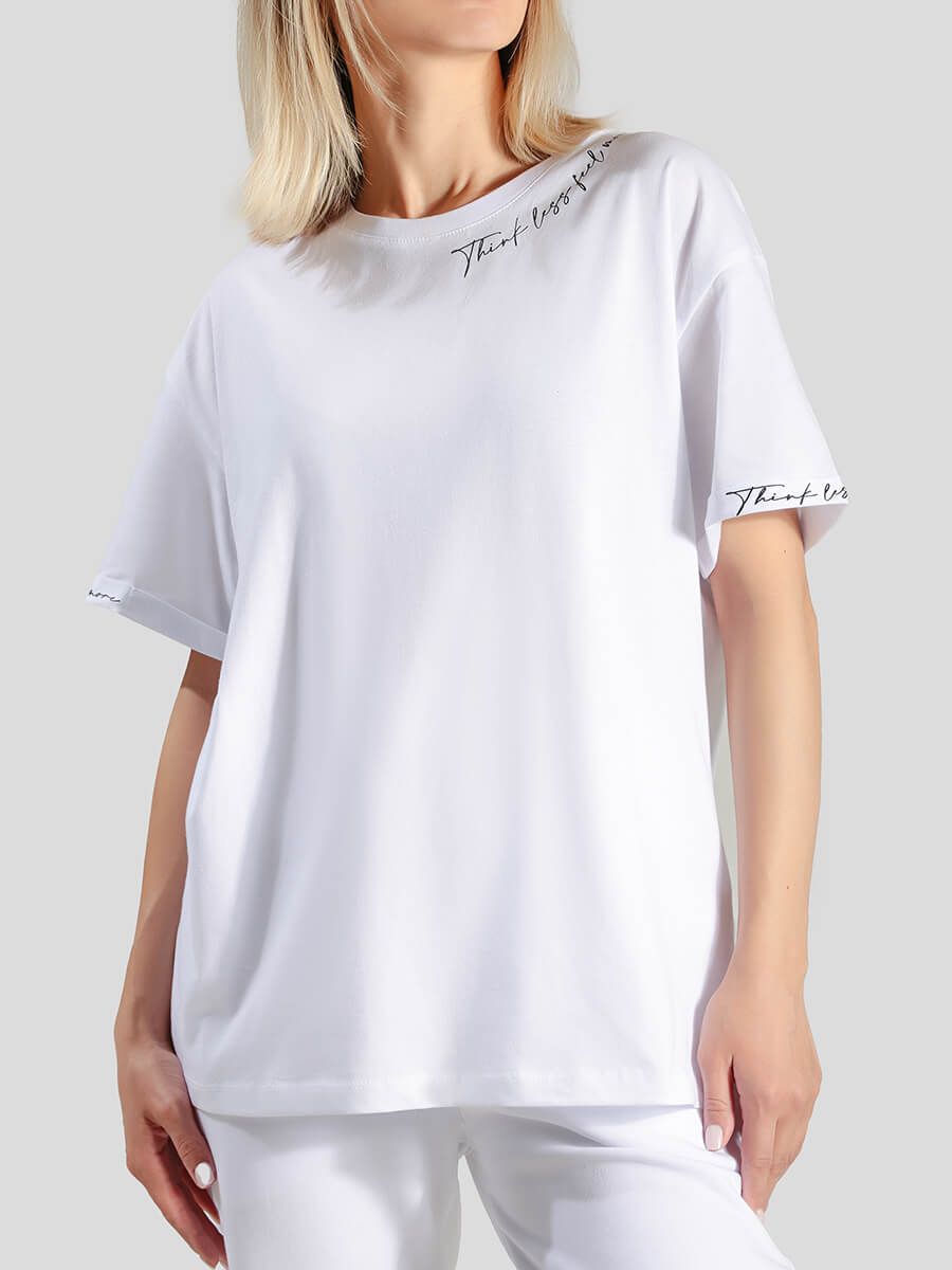 TEset07-02 Костюм спортивный (футболка+брюки) женский белый+100% хлопок/80% хлопок,20% полиэстер