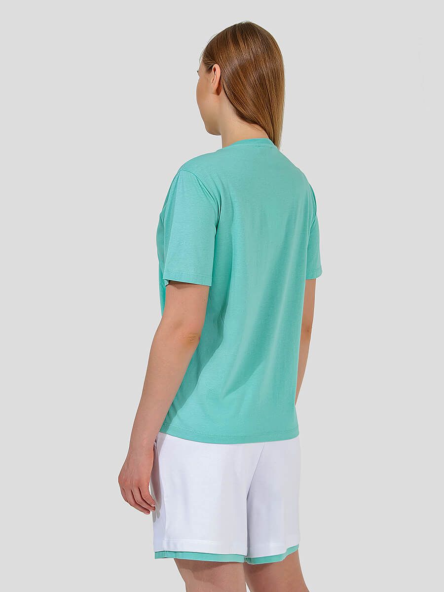TEset01-21 Костюм спортивный (футболка+шорты) женский мятный+100% хлопок/80% хлопок,20% полиэстер
