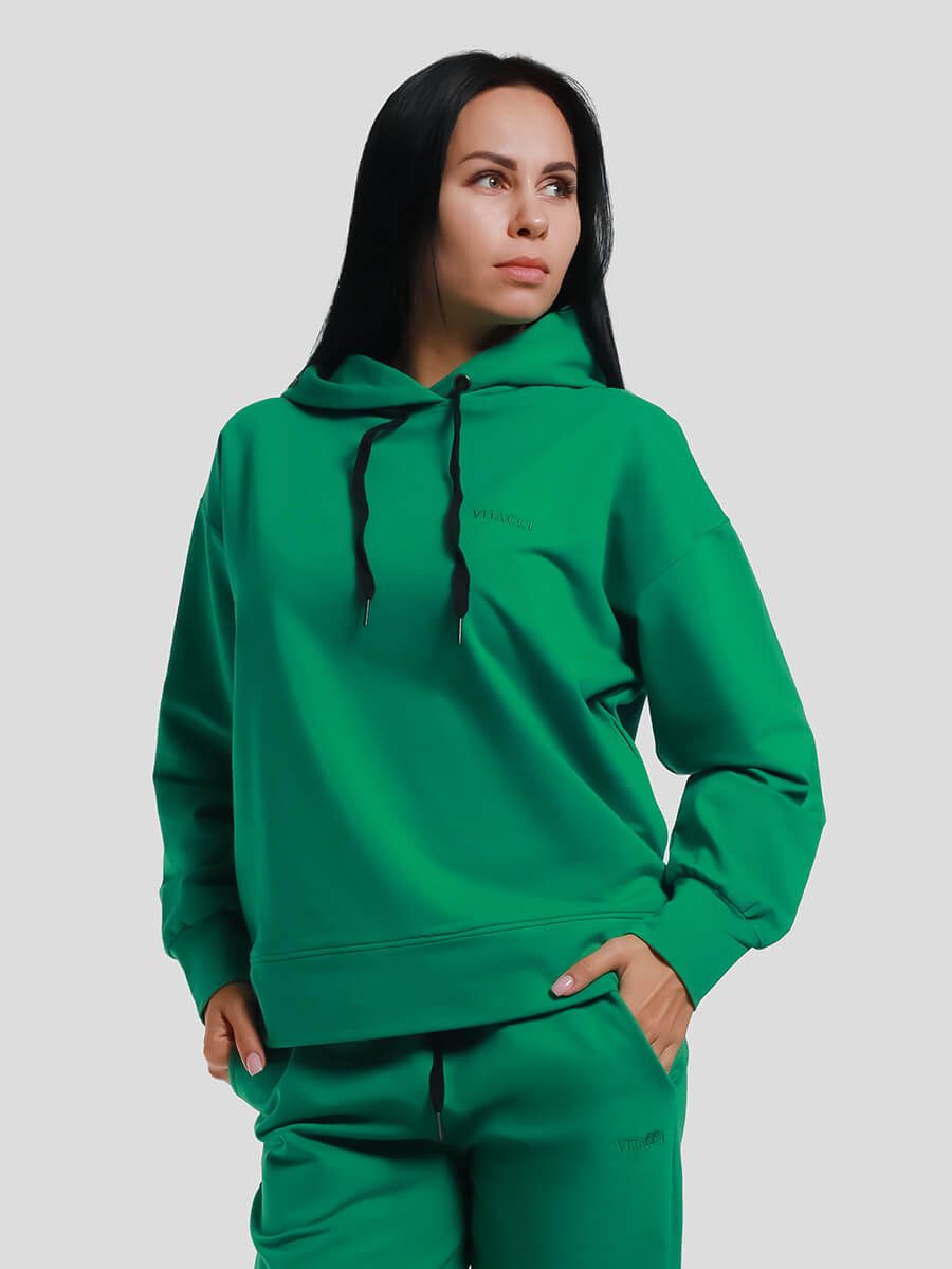 SPH2206-06 Костюм спортивный (джемпер с капюшоном+брюки) женский зеленый+95% хлопок, 5% эластан
