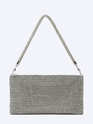 C1170-29 Клатч женский серебряный+текстиль/стразы
