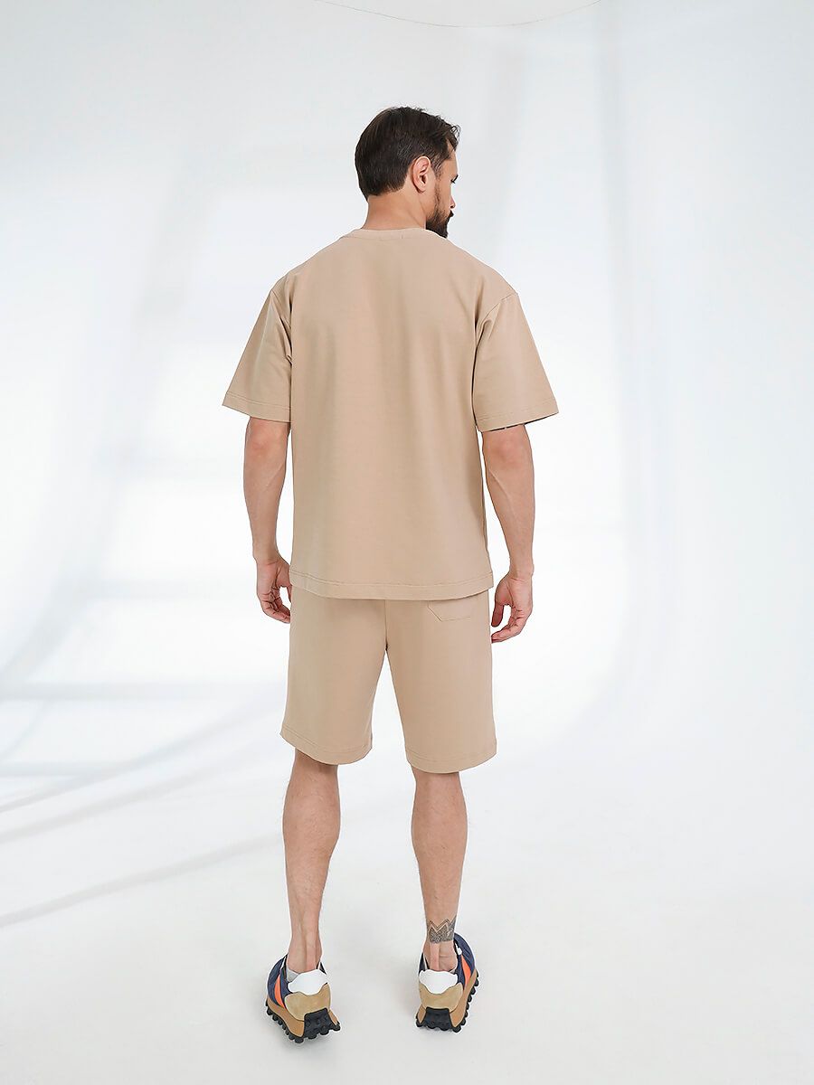 SPL4160-08 Костюм спортивный (футболка+шорты) мужской бежевый+85% хлопок, 15% полиэстер
