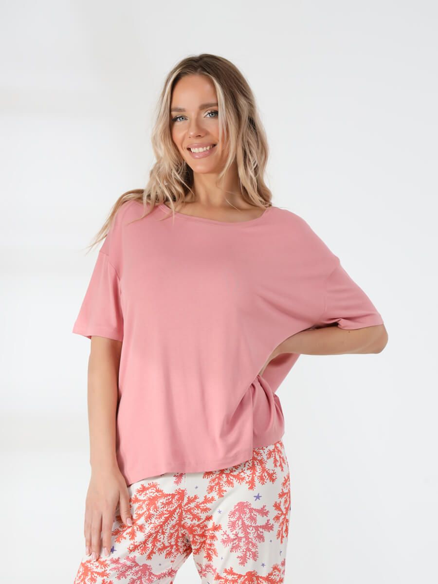 TR522-14 Пижама (футболка+брюки) женская розовый+94% вискоза, 6% эластан