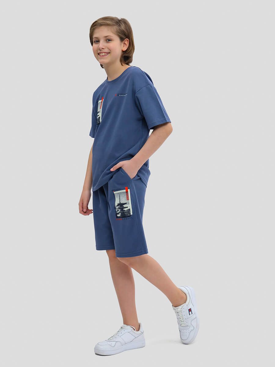 TO10926-10 Комплект спортивный (футболка+шорты) для мальчиков голубой+80% хлопок, 20% полиэстер