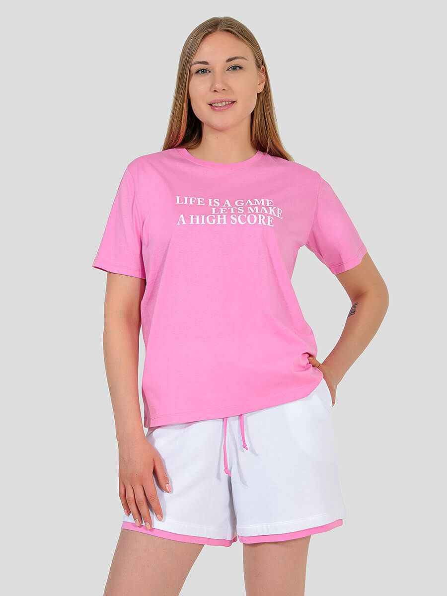TEset01-14 Костюм спортивный (футболка+шорты) женский розовый+100% хлопок/80% хлопок,20% полиэстер