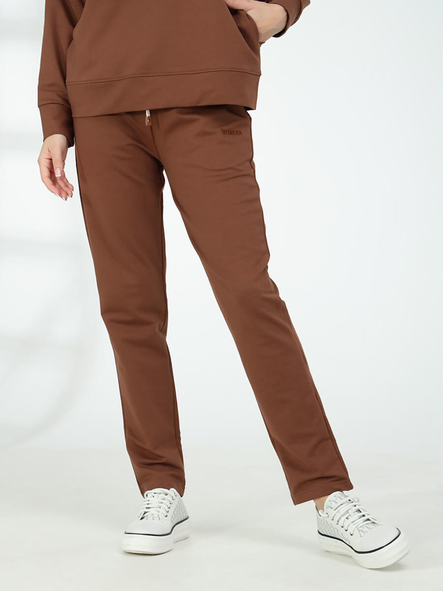 SPH2206-04 Костюм спортивный (джемпер с капюшоном+брюки) женский коричневый+95% хлопок, 5% эластан