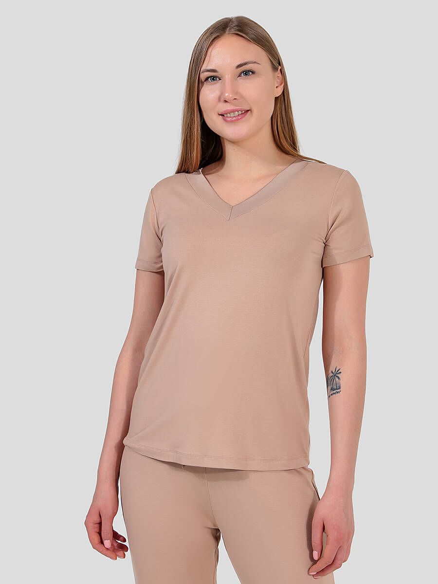TR2346-08 Пижама (футболка+брюки) женская бежевый+94% вискоза, 6% эластан