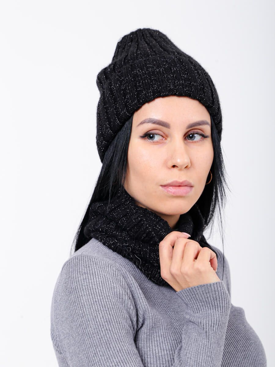 FG0008 Комплект (шапка, снуд) женский черный+30% шерсть, 30% акрил, 20% мохер, 20% полиэстер