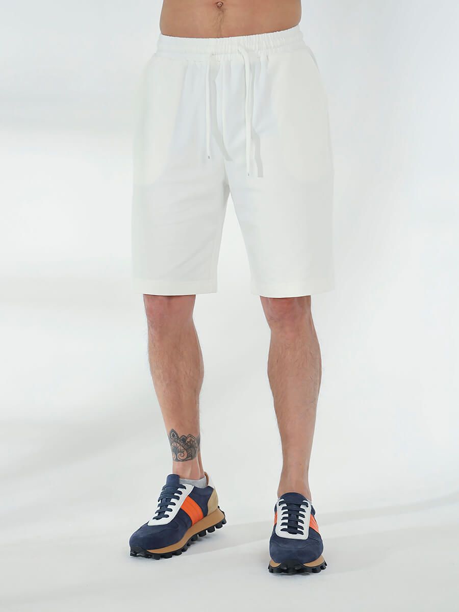 SPL4159-02 Костюм спортивный (футболка с капюшоном+шорты) мужской белый+85% хлопок, 15% полиэстер
