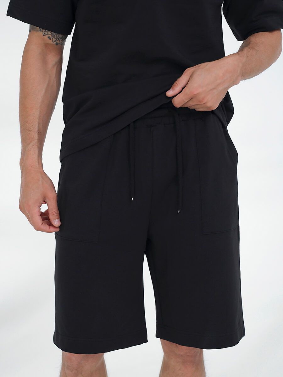 SPL4159-01 Костюм спортивный (футболка с капюшоном+шорты) мужской черный+85% хлопок, 15% полиэстер