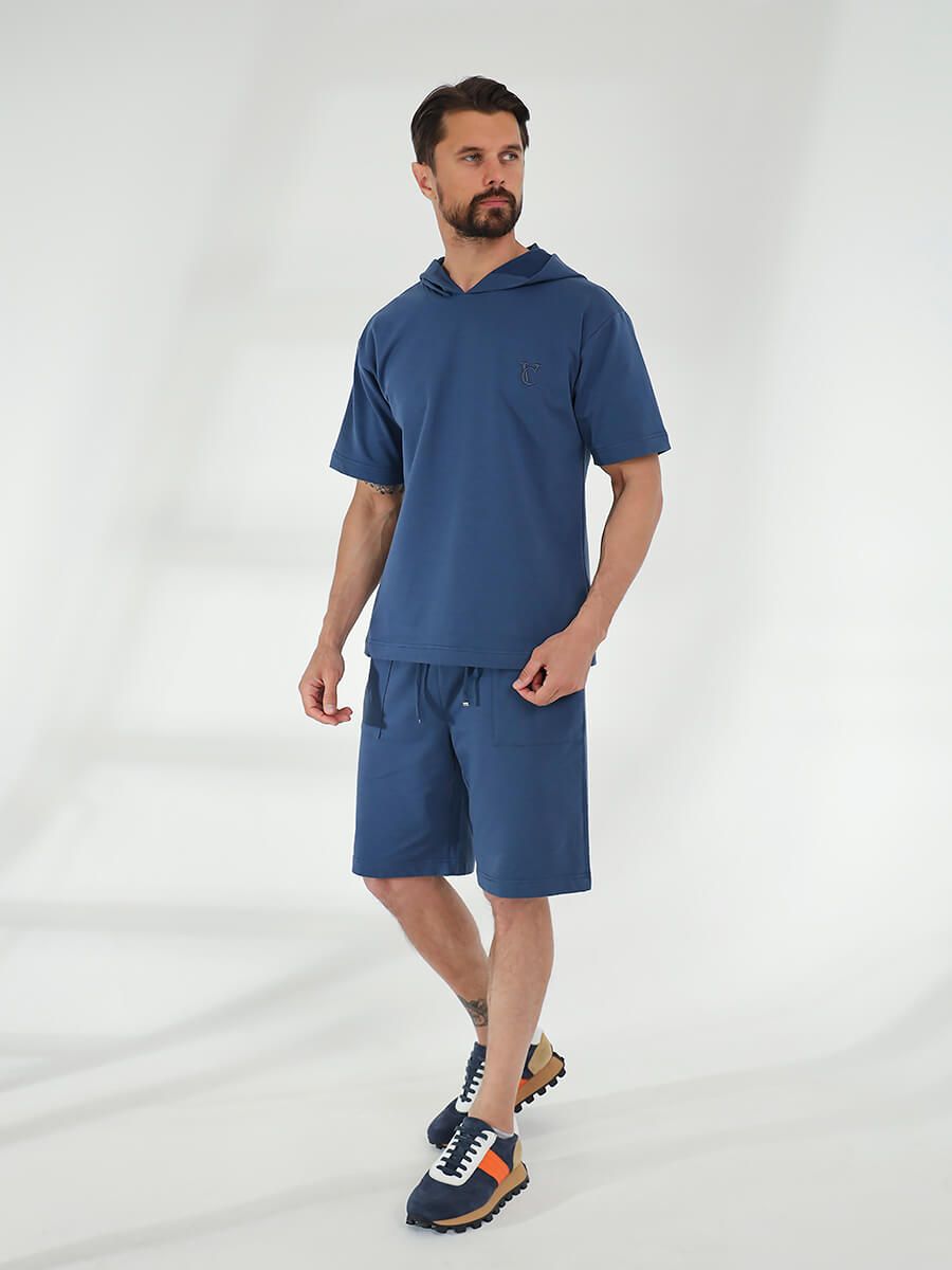 SPL4159-05 Костюм спортивный (футболка с капюшоном+шорты) мужской синий+85% хлопок, 15% полиэстер