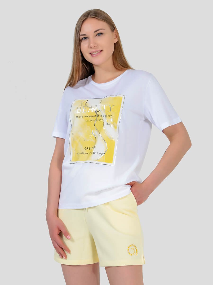 TEset03-27 Костюм спортивный (футболка+шорты) женский желтый+100% хлопок/80% хлопок,20% полиэстер