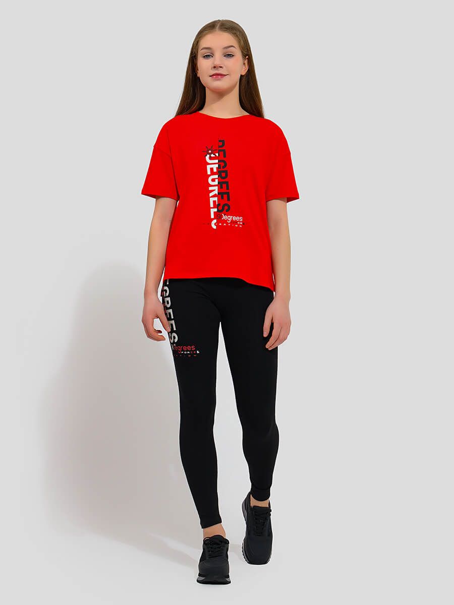 TO75064-03 Комплект спортивный (футболка+лосины) для девочек красный+94% хлопок, 6% полиэстер