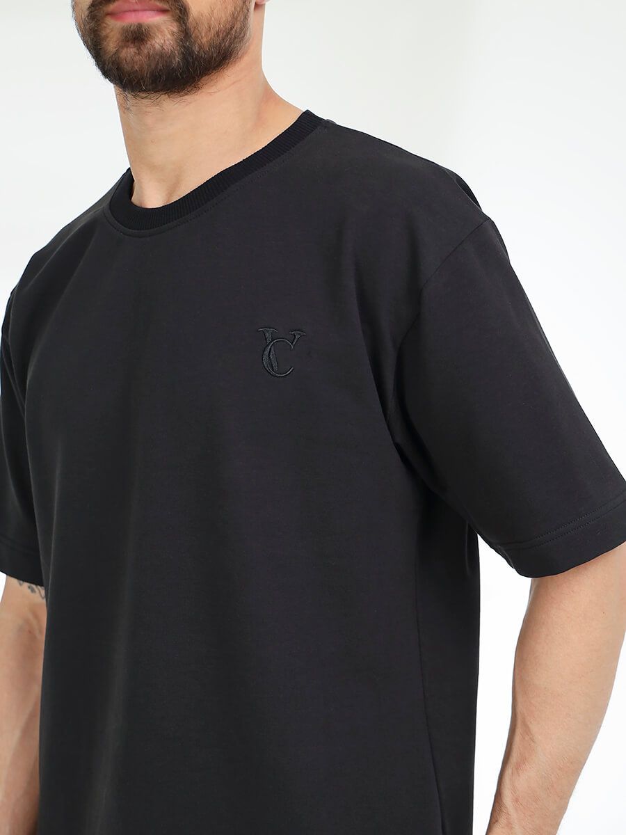 SPL4160-01 Костюм спортивный (футболка+шорты) мужской черный+85% хлопок, 15% полиэстер