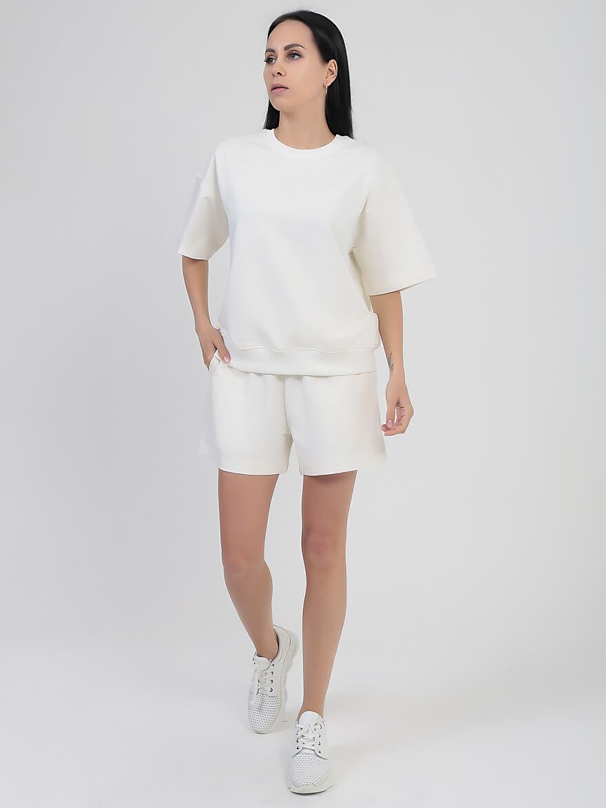 SP0422-09 Костюм спортивный (футболка+шорты) женский молочный+95% хлопок, 5% эластан
