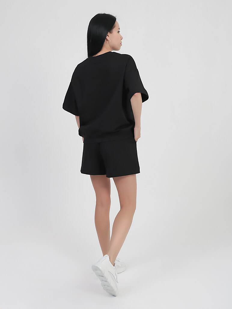 SP0422-01 Костюм спортивный (футболка+шорты) женский черный+95% хлопок, 5% эластан